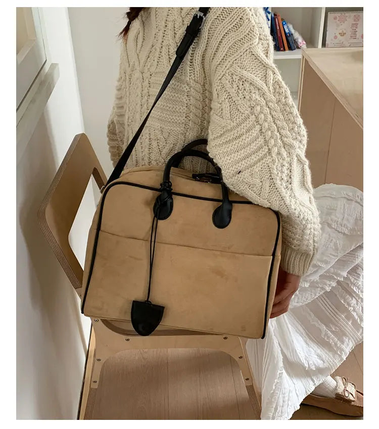 Faux Suede Taupe Retro Tote Bags for Women Solid Color Large Capacity Commuting Versatile Casual Shoulder Bag Classic Handbag