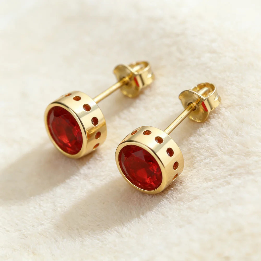 Red Zircon Round Stud Earrings For Women Men Gold Color Female Male Wedding Engagement Party Jewelry Mother Valentine Day Gifts