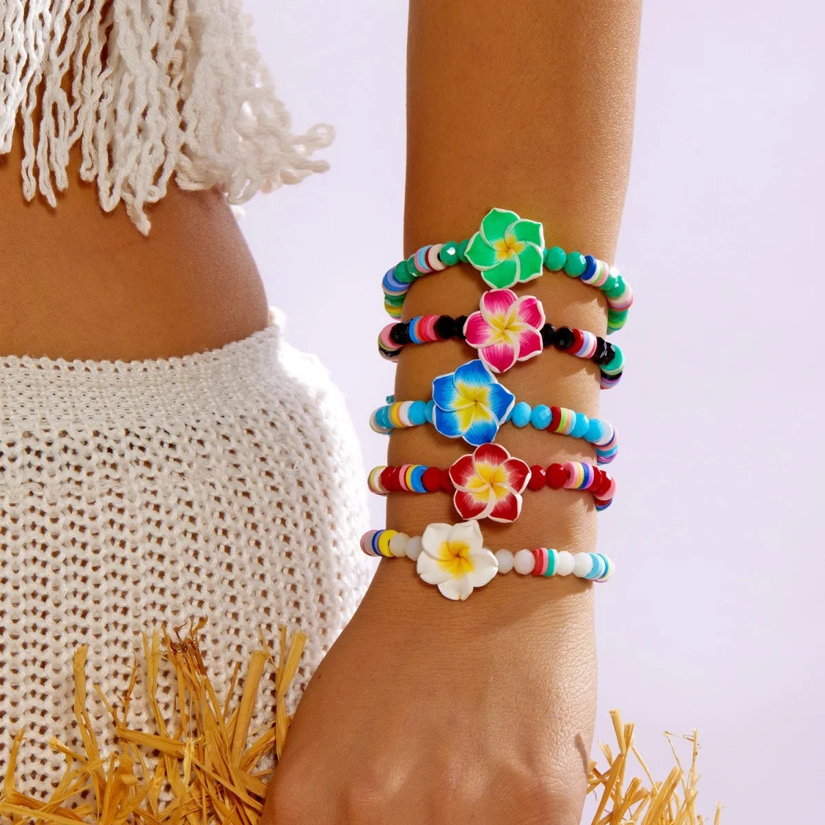 Crystal Beads Soft Polymer Clay Flower Bracelets For Women Men Bohemian Resin Floral Handmade Woven Bangles Summer Party Jewelry