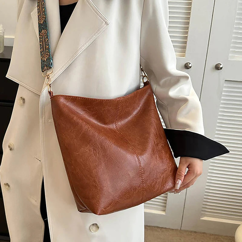 Wide Geometric Strap Shoulder Bag Large Capacity Crossbody Bags For Women,Retro Pu Leather Women's Bag For Shopping Travel