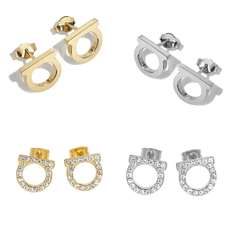 1 Pair Simple and Luxurious Zircon Inlaid D-shaped Stainless Steel Electroplated 18K Real Gold Stud Earrings Women Jewelry Gift