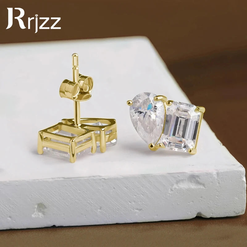Rrjzz Stud Earrings for Women 5x7mm Emerald Cut&5x8mm Pear Cut Lab Created Cubic Zirconia 14K Gold Plated 2 Stone Jewelry Gift