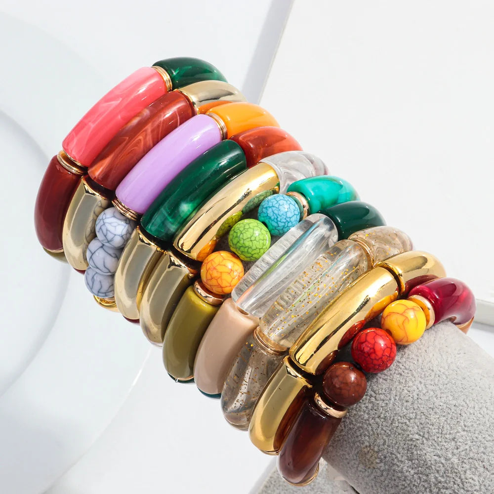 Bohemia Acrylic Bamboo Curved Tube Bracelet for Women Colorful Resin Chunky Elastic Stack Bracelets & Bangles Retro Jewelry Gift