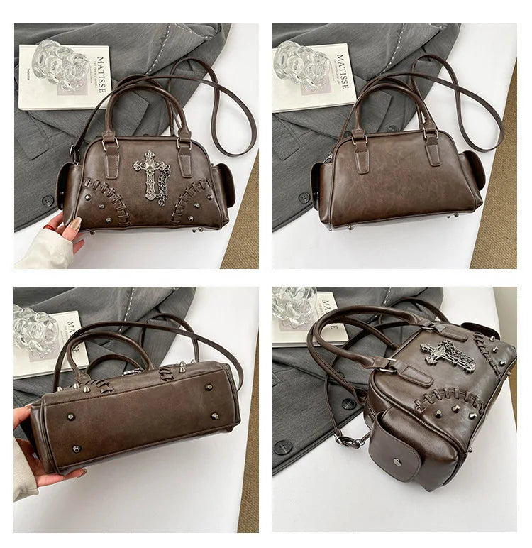 2026 Spring New Punk Gothic Cross Body Bag for Women Small Square Shoulder Bag with Metal Studs Cross Design Edgy Alternative