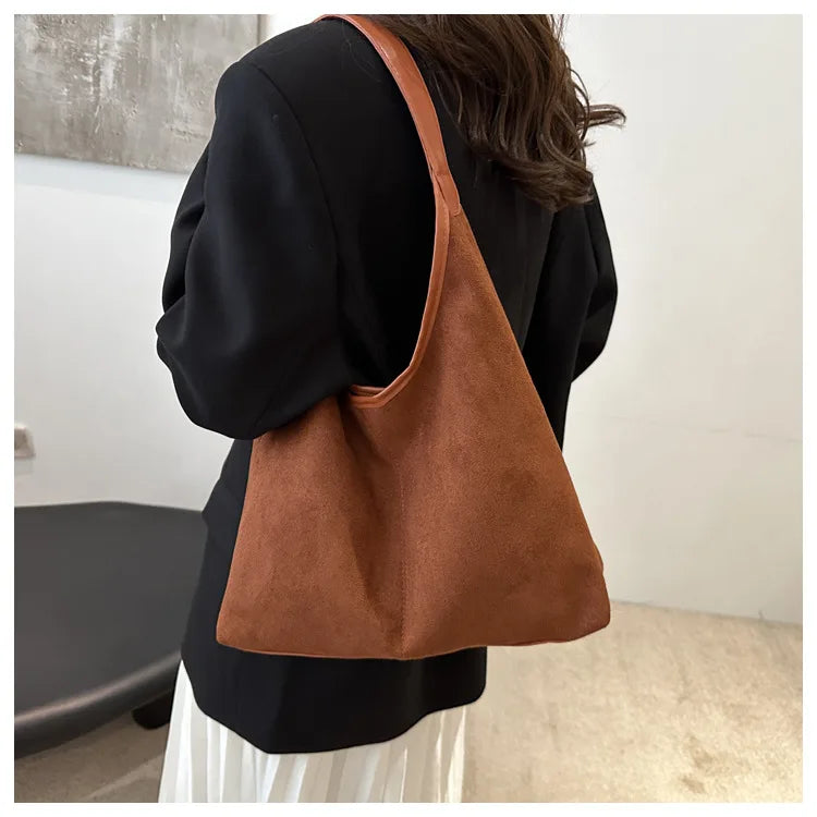 Vintage Faux Suede Tote Bags for Women Large Capacity Shoulder Ladies Underarm Bag Casual Simple Commuter Female Handbags