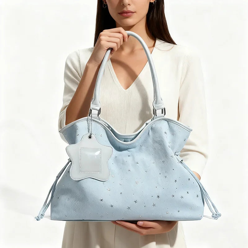 Polka Dot Suede Shoulder Bag Women Stylish Brown Slouchy Tote Drawstring Design Magnetic Buckle Underarm Bag With Star Pendant