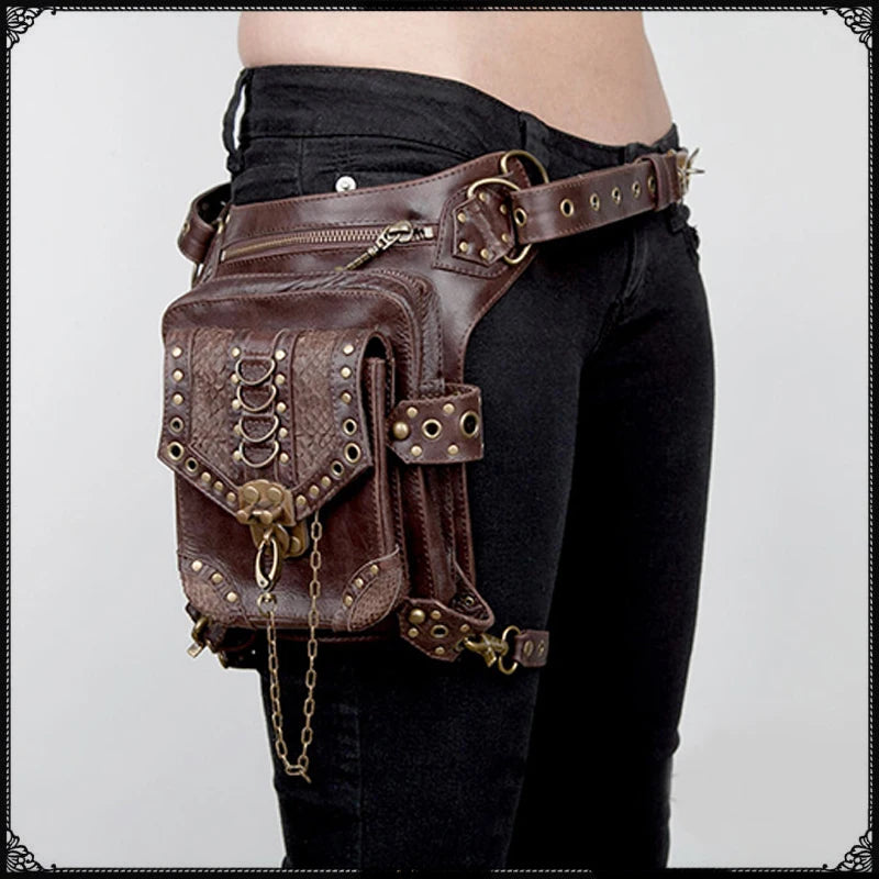 Steampunk Gothic Crossbody Bag Unisex Mini Waist Purse Medieval Rivet Multi-Purpose Travel Shoulder Bag Brown Multi-Way Backpack