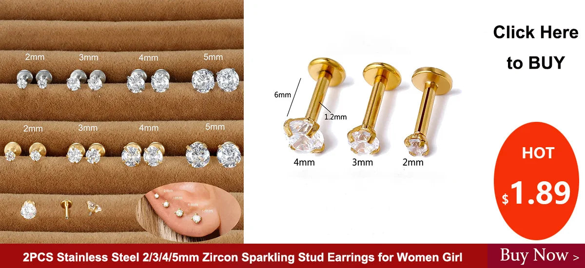 2PCS Stainless Steel 2/3/4/5mm Zircon Sparkling Stud Earrings for Women Girl Minimalism Labret Lip Tragus Helix Piercing Jewelry
