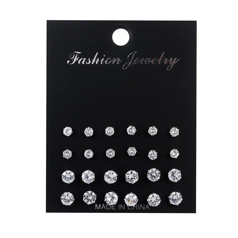 12/1 Pairs Shiny Zircon Stud Earrings Set for Women Men Daily Versatile Chic Silver Color Crystal Ear Jewelry Gifts Accessorie