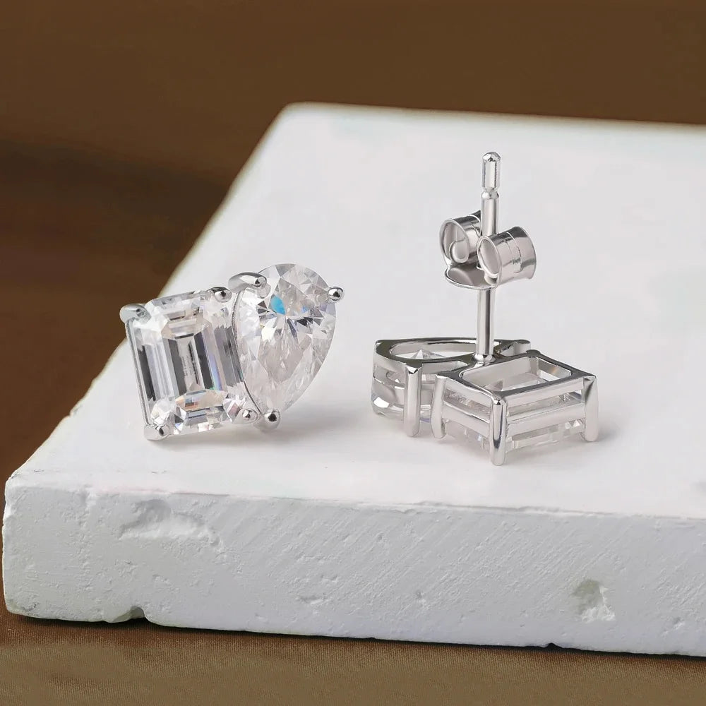 Rrjzz Stud Earrings for Women 5x7mm Emerald Cut&5x8mm Pear Cut Lab Created Cubic Zirconia 14K Gold Plated 2 Stone Jewelry Gift