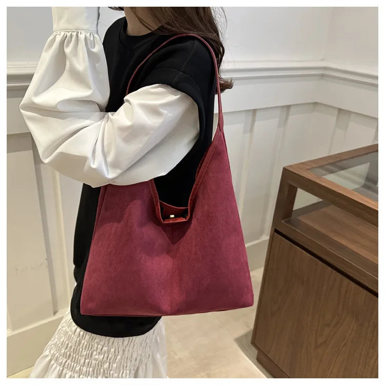 Vintage Faux Suede Tote Bags for Women Large Capacity Shoulder Ladies Underarm Bag Casual Simple Commuter Female Handbags