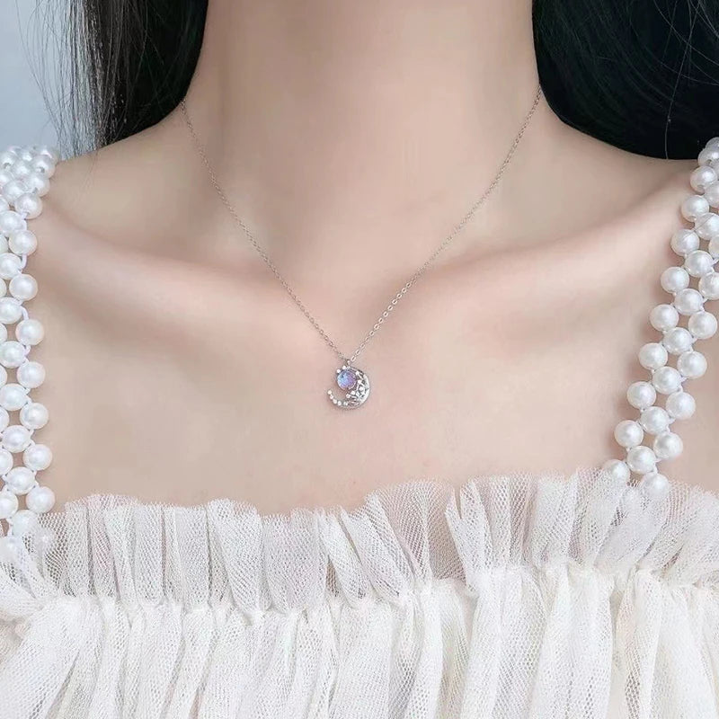 1PC New Elegent Silver Color Crystal Star Moon Necklace Charm Pendant Choker Necklace For Girl Women Statement Wedding Jewelries