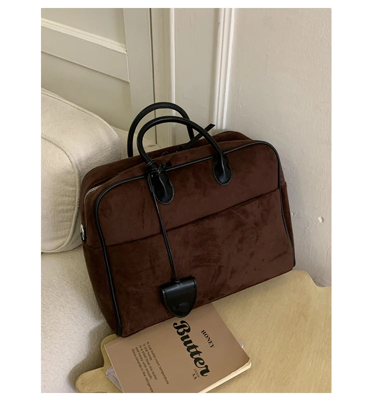 Faux Suede Taupe Retro Tote Bags for Women Solid Color Large Capacity Commuting Versatile Casual Shoulder Bag Classic Handbag