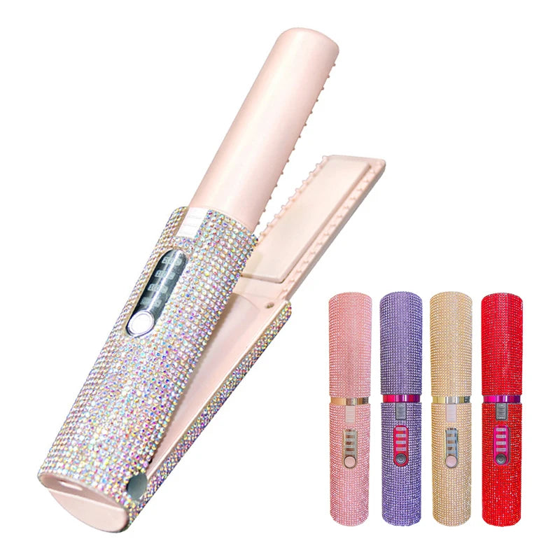 2-IN-1 Electric USB Hair Straightener Curler Fashion Colored Diamond  Design Wireless Travel Hair Straightening Styler Brush