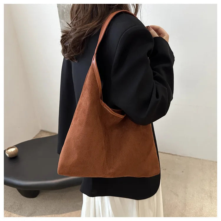 Vintage Faux Suede Tote Bags for Women Large Capacity Shoulder Ladies Underarm Bag Casual Simple Commuter Female Handbags
