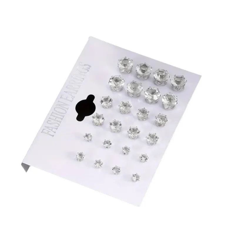 12 Pairs Six Claw Zircon Earrings Set Geometric White Shiny Crystal Wedding Stud Earrings Set for Women Men Jewelry Accessories