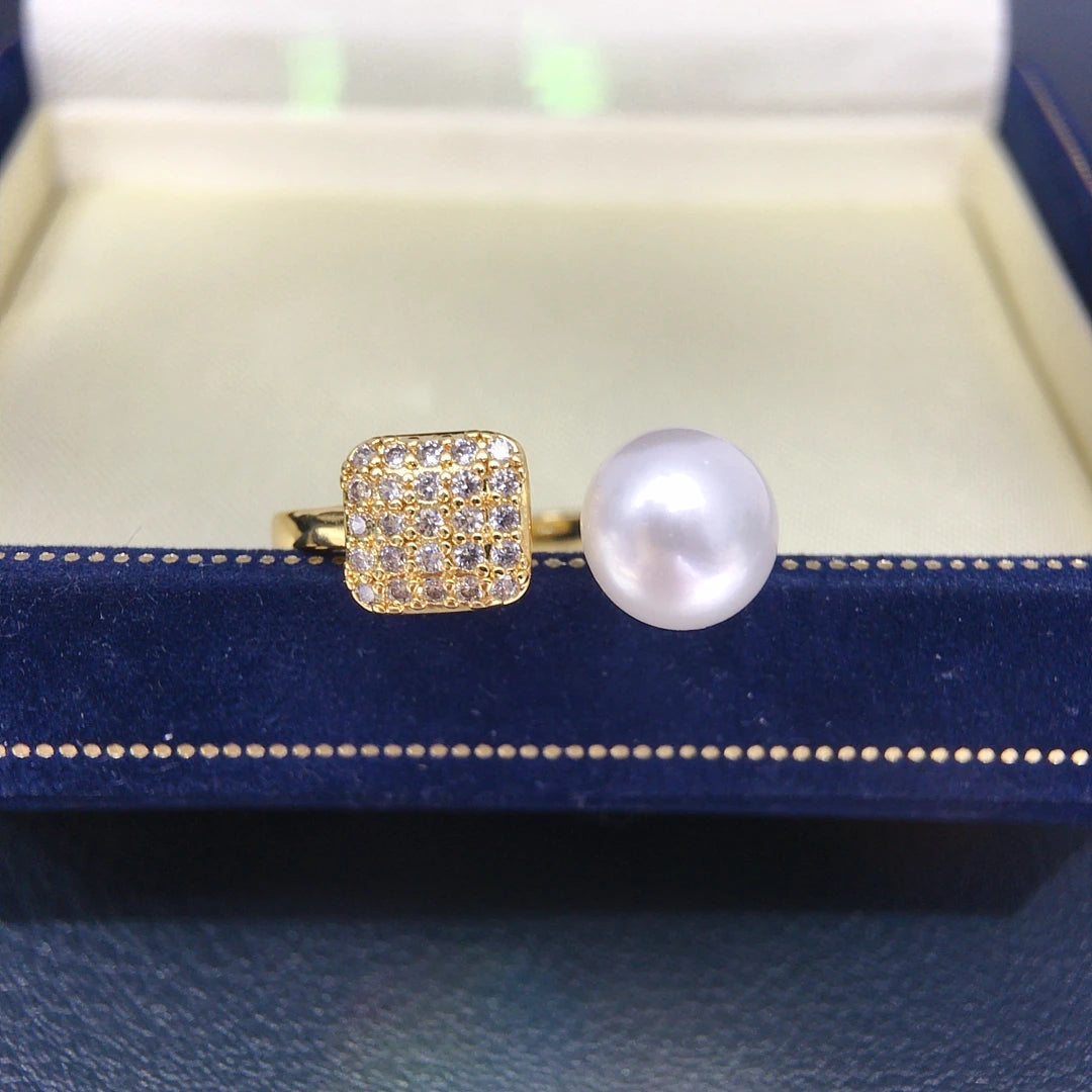 Unisex Adjustable Square Ring with 8-9mm Freshwater Cultured Pearl And Zircon Minimalist Fashion Jewelry for All 2025 New