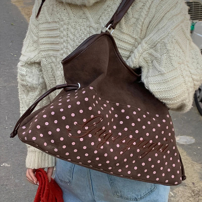 Polka Dot Suede Shoulder Bag Women Stylish Brown Slouchy Tote Drawstring Design Magnetic Buckle Underarm Bag With Star Pendant