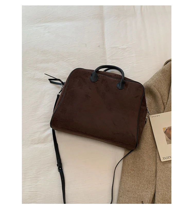 Faux Suede Taupe Retro Tote Bags for Women Solid Color Large Capacity Commuting Versatile Casual Shoulder Bag Classic Handbag