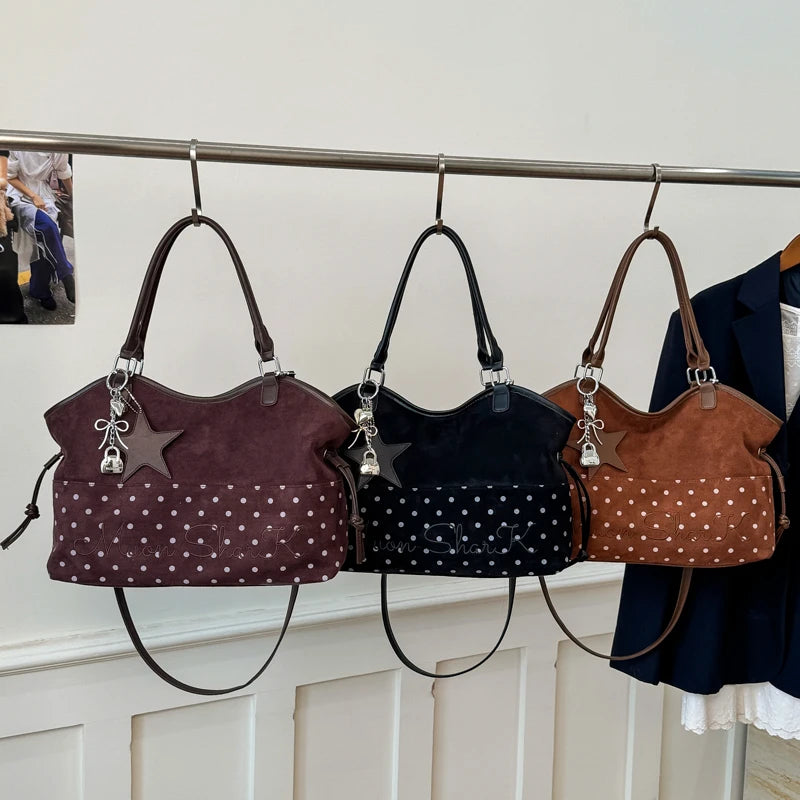 Polka Dot Suede Shoulder Bag Women Stylish Brown Slouchy Tote Drawstring Design Magnetic Buckle Underarm Bag With Star Pendant