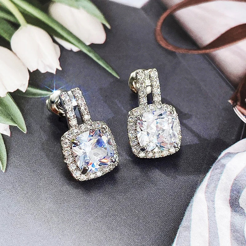 New Square Zircon 925 Sterling Silver Earrings for Women Wedding Stud Earrings Exquisite Bride Fashion Cute Jewelry
