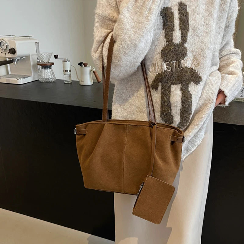 Suede Shoulder Bags for Women Large Capacity Totes Lightweight Underarm Bag Casual Shopper Handbag Solid Color Travel Bucket Bag