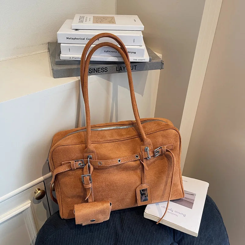 New Retro Ladies Tote Bag Highend Pu Suede Handbag Fashion Simple Large-capacity Shoulder Bag Korean Version Commuter Travel Bag