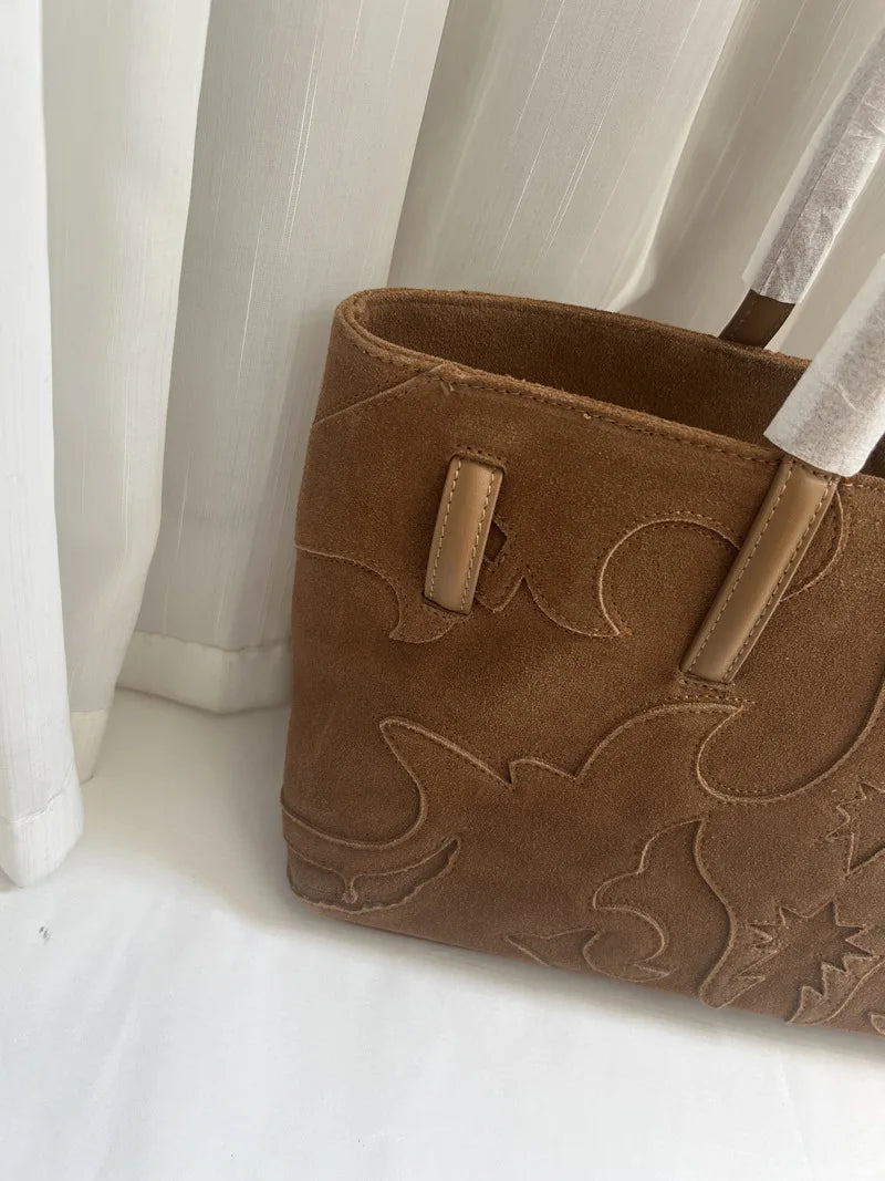 New Brown Suede Hobo Bag for Women, Studded Cowhide Large Tote Purse, Faux Suede Leather Shoulder Crossbody Handbag for Shopping