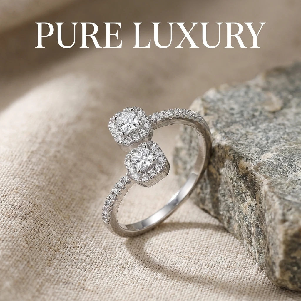 Creative Dual Head Square Copper Embedded Cubic Zirconia Open Ring for Women Elegant High-End Sensation Stylish Jewelry Gift