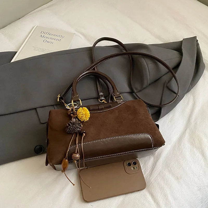 New Retro Frosted Tote Bag Boston Bag Pu Suede Women'S Shoulder Crossbody Bag Commuter Bag