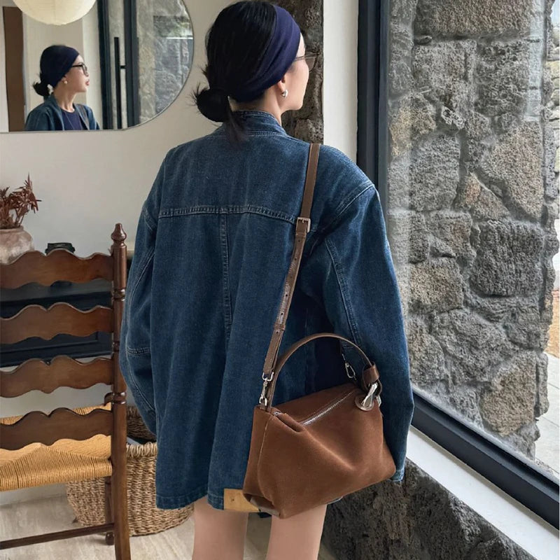 2026 New Fashion Brown Suede Genuine Leather Shoulder Bag Women's Retro Soft Tote Casual Daily Crossbody Handbag