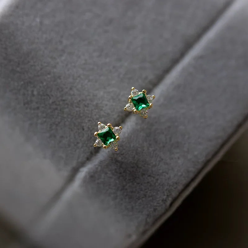 925 Sterling Silver Plating 14K Gold Exquisite Green Zircon Geometry Stud Earrings For Women Fine Jewelry