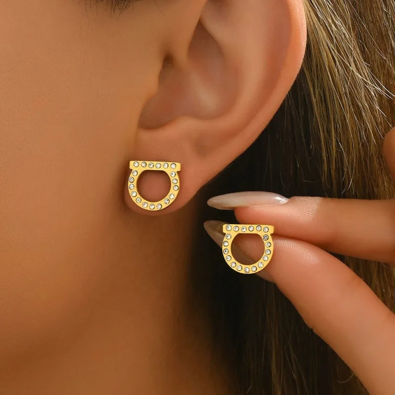 1 Pair Simple and Luxurious Zircon Inlaid D-shaped Stainless Steel Electroplated 18K Real Gold Stud Earrings Women Jewelry Gift