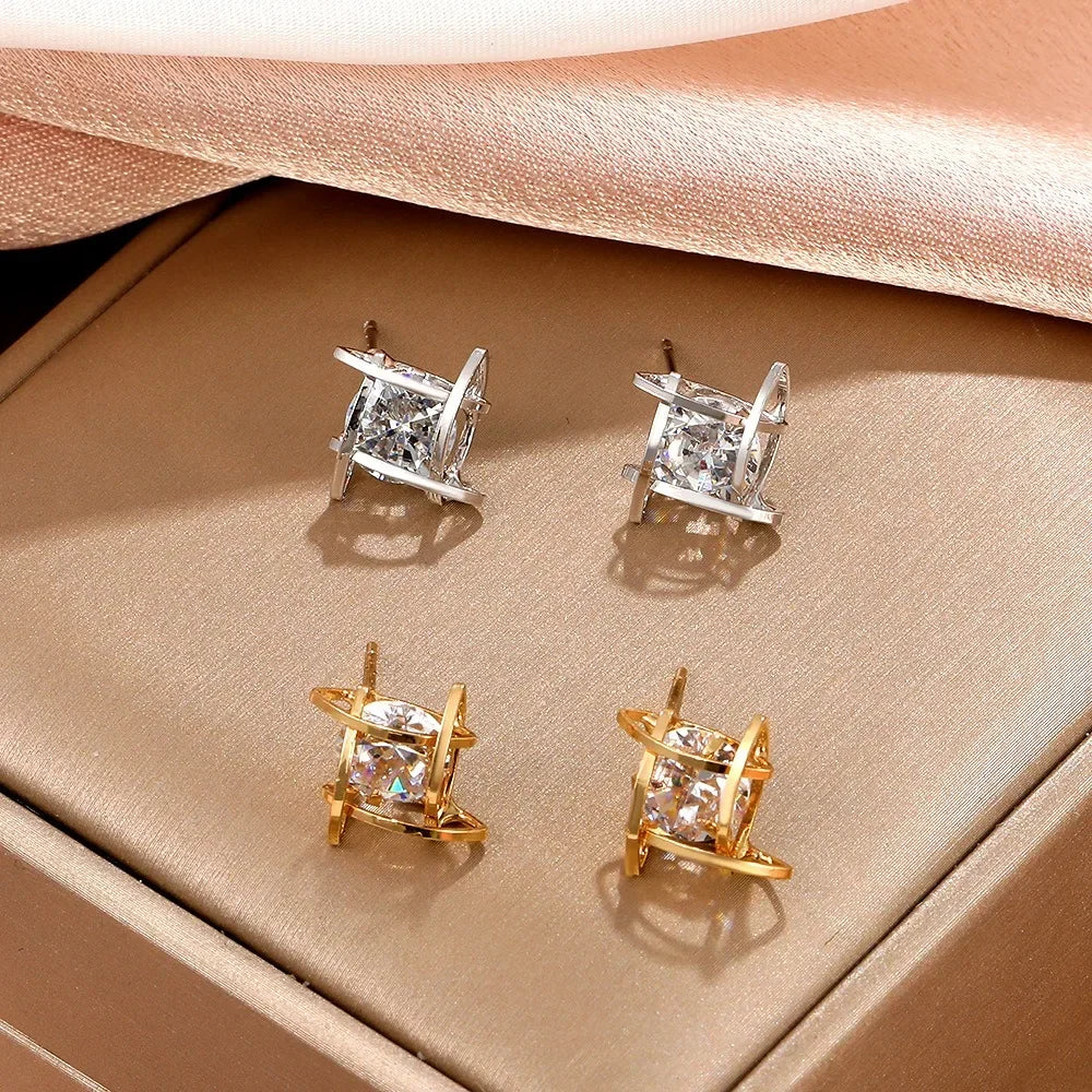 Zircon Small Square Crystal Stud Earrings For Women Luxury Vintage Wedding Party Jewelry Gift