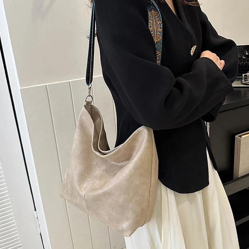 Wide Geometric Strap Shoulder Bag Large Capacity Crossbody Bags For Women,Retro Pu Leather Women's Bag For Shopping Travel