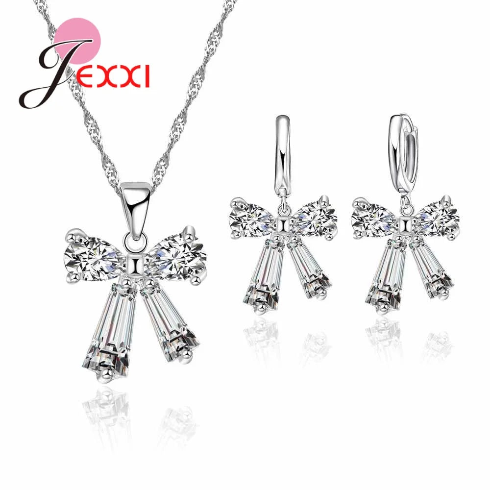 Girls Daily Decorations Simple Bowknot Necklace+Earrings 925 Sterling Silver Jewelry Sets Popular Styles Dropshipping