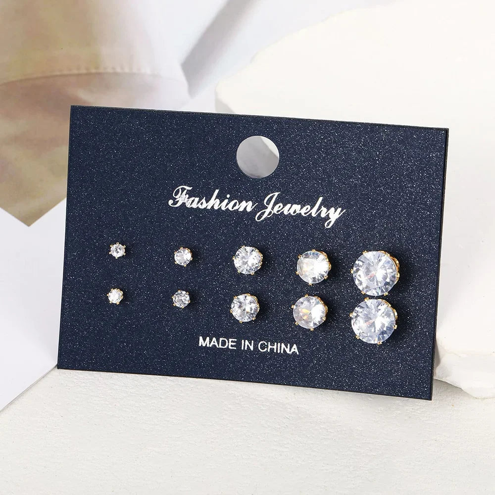 5 Pairs Zircon Stud Earrings Set For Women Men Fashion Gold Silver Color Earring Unisex Ear Piercings Jewelry Gift