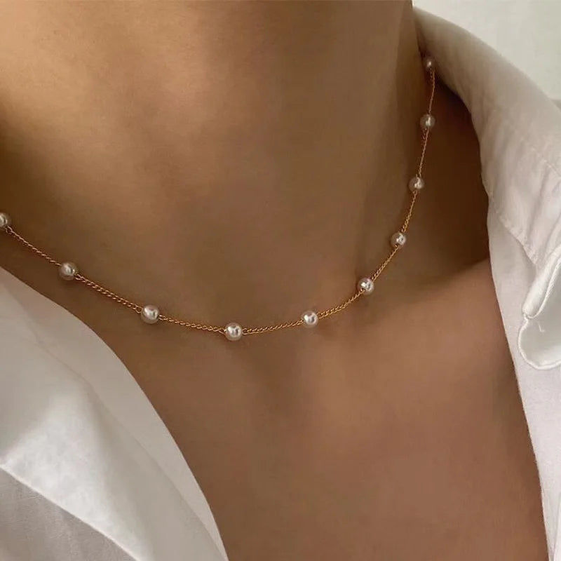 1Pc New Beads Women'S Neck Chain Kpop Pearl Choker Necklace Gold Color Goth Chocker Jewelry On The Neck Pendant Collar For Girl