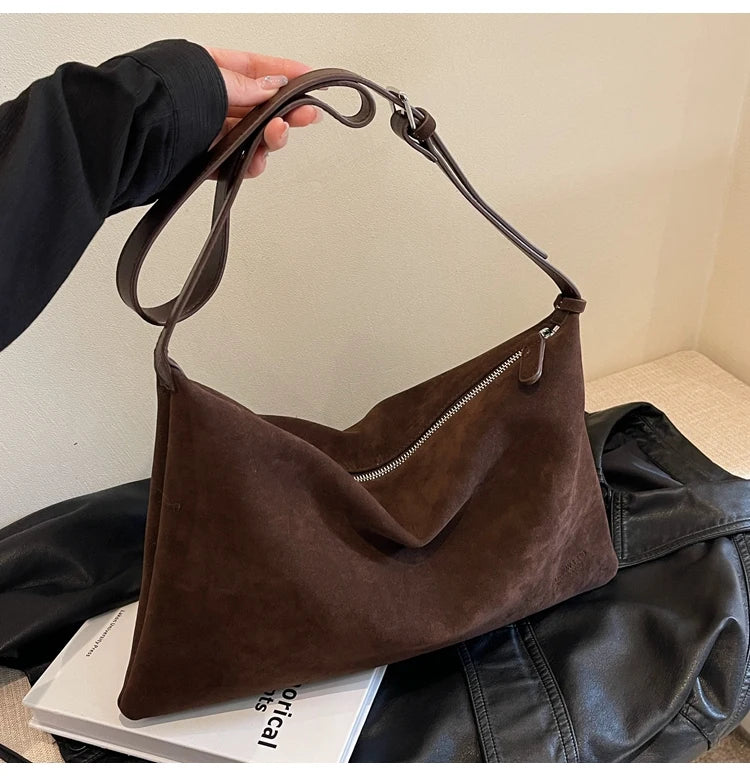 Vintage Suede Tote Bag For Women Autumn Winter New Large Capacity Commute Shoulder Crossbody Bags Fashion Trend Underarm Bags