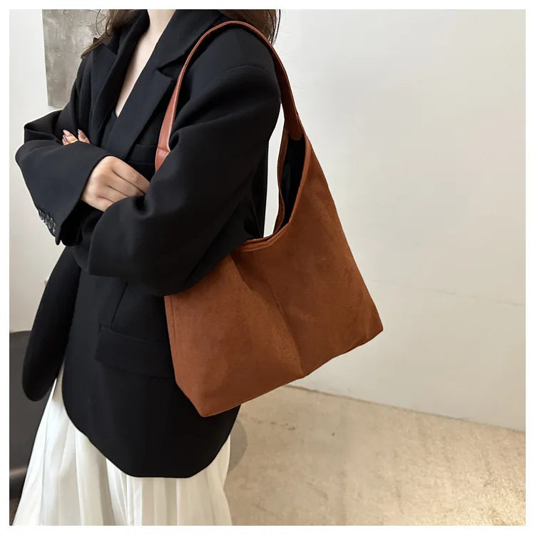 Vintage Faux Suede Tote Bags for Women Large Capacity Shoulder Ladies Underarm Bag Casual Simple Commuter Female Handbags