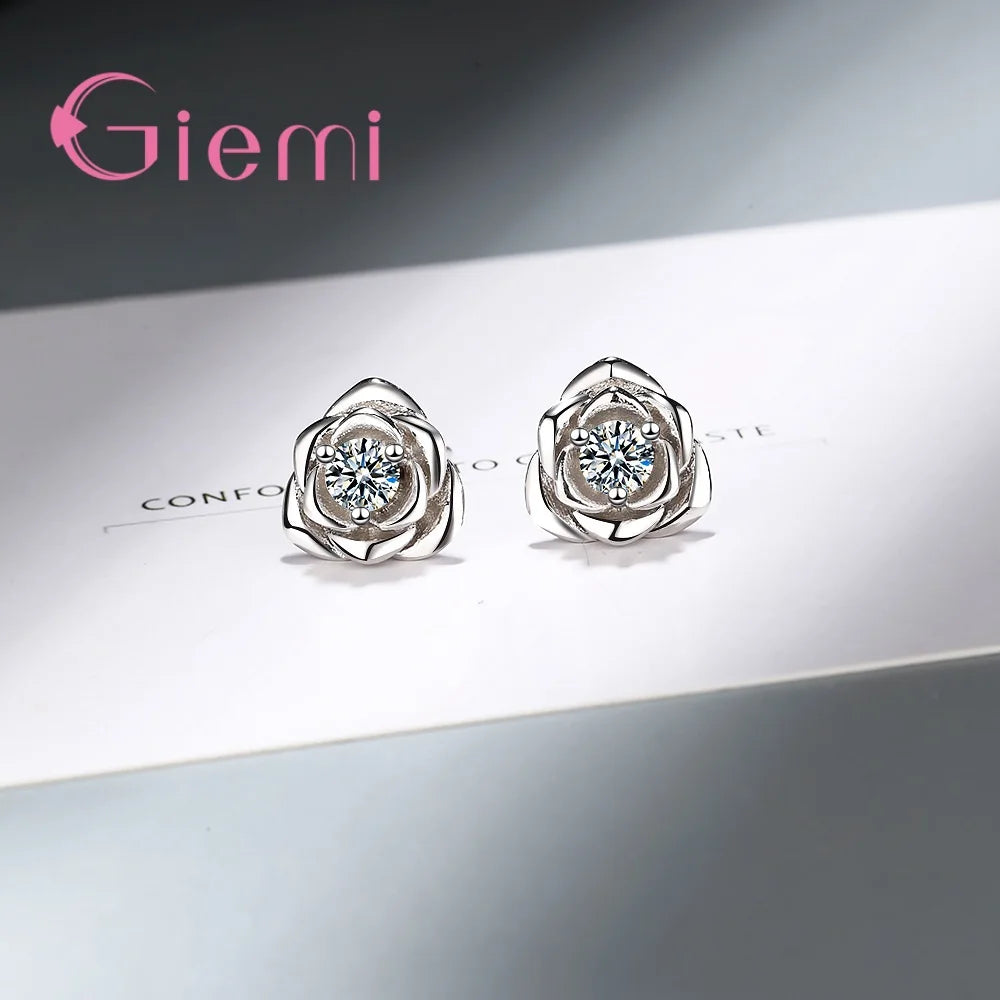 Sparkling 100% Solid 925 Sterling Silver Stud Earrings Clear AAA Cubic Zircon Rose Design Jewelry for Women Wedding Engagement