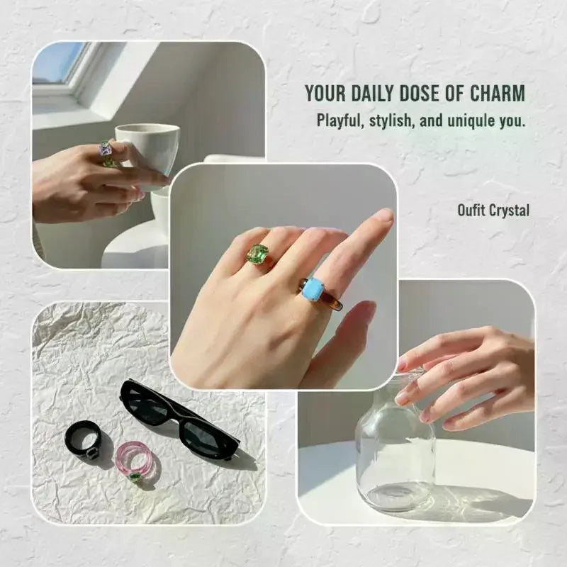 Fashion Simple Inlaid Colorful Zircon Resin Ring Women Sweet Cute Birthday Party Commemorative Jewelry Gift