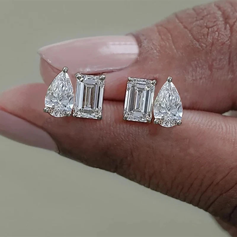 Rrjzz Stud Earrings for Women 5x7mm Emerald Cut&5x8mm Pear Cut Lab Created Cubic Zirconia 14K Gold Plated 2 Stone Jewelry Gift