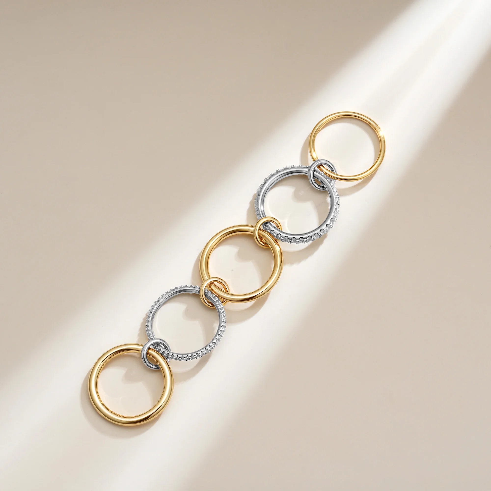 Luxury Cubic Zirconia Gold Plating Multilayer Connecting Rings for Women Fashion Mixed Color Stackable Finger Ring Party Jewelry