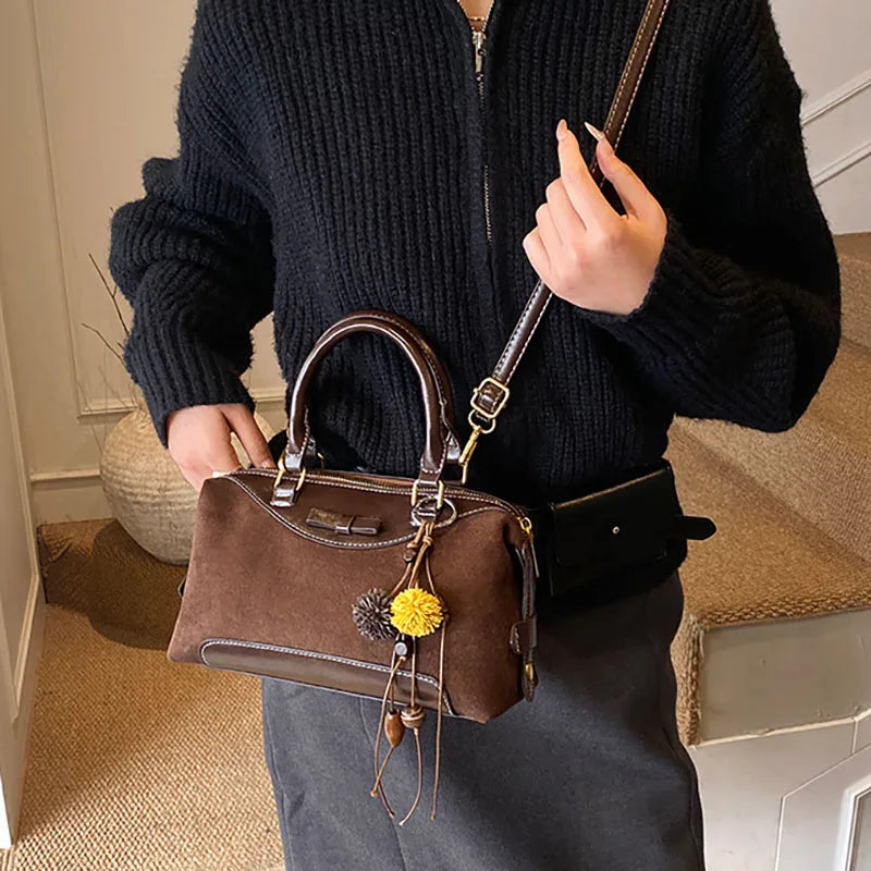 New Retro Frosted Tote Bag Boston Bag Pu Suede Women'S Shoulder Crossbody Bag Commuter Bag
