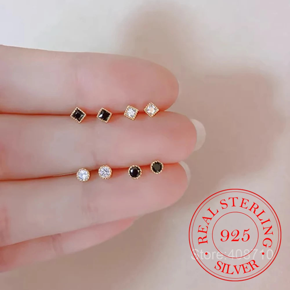 925 Sterling Silver Jewelry Black Square Round Zircon Geomatric Stud Earrings for Women Wedding Party Jewelry For Girls Gift