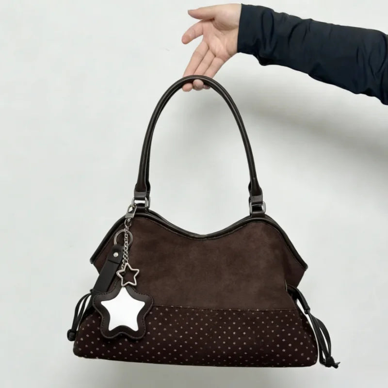 Polka Dot Suede Shoulder Bag Women Stylish Brown Slouchy Tote Drawstring Design Magnetic Buckle Underarm Bag With Star Pendant