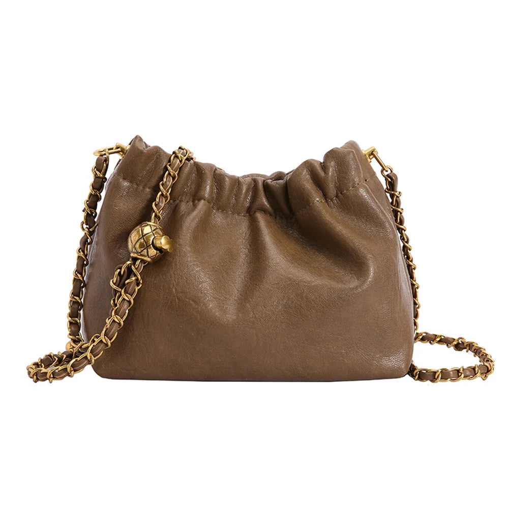 Women's Crossbody Tote Bag PU Leather Hobo Bag Fashionable Retro Bucket Bag Korean High-End Chain Crossbody Bag