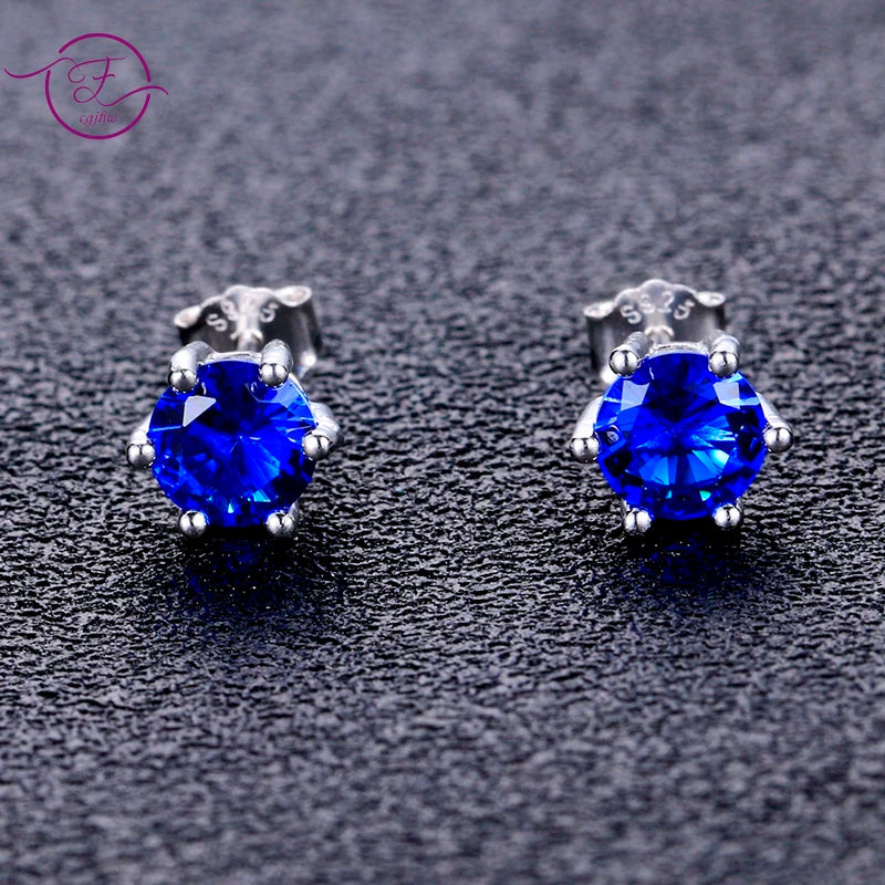 Blue Zircon Stud Earrings for Women, 6mm Round 925 Sterling Silver Solitaire, Hypoallergenic Wedding Dainty Birthday Gift FCGJHW