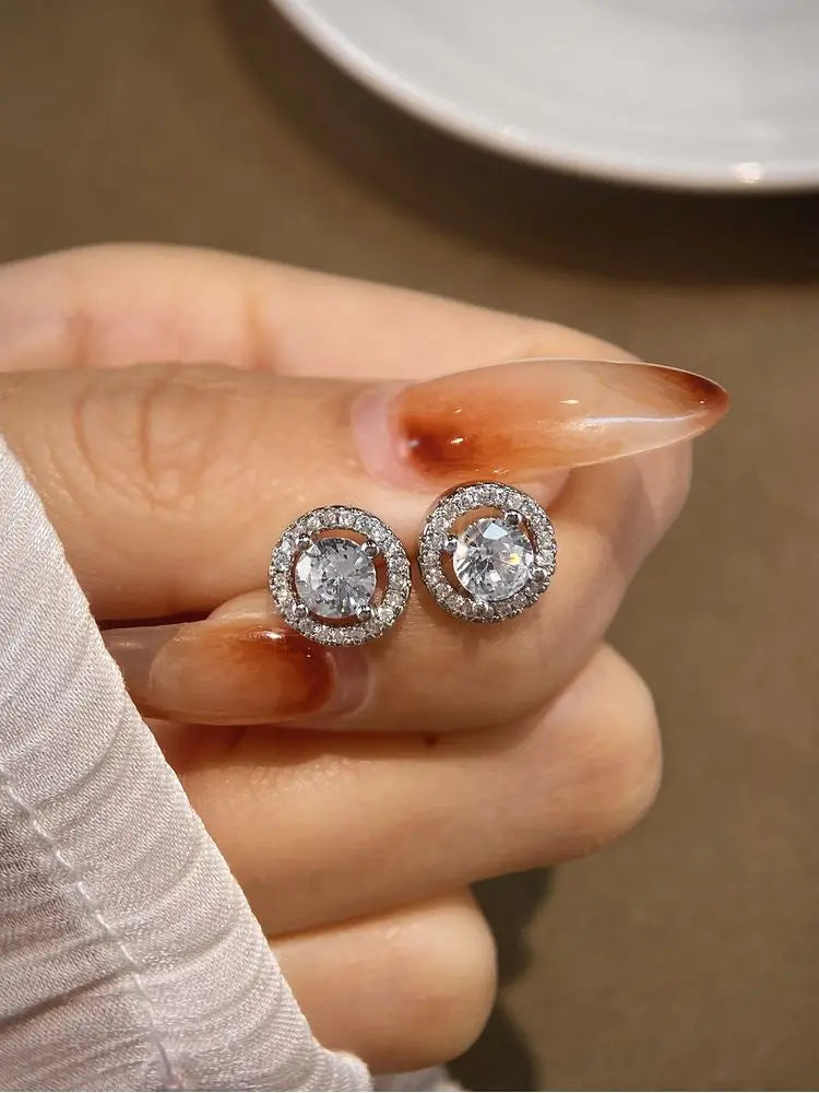925 Sterling Silver White Simple Shiny Round Zircon Studs Earring For Women Engagement Wedding High Quality Fine Jewelry Gifts